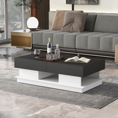 Tavolino 2-in-1 in MDF con Piano Lucido e Piano in Marmo Bianco, Nero | Italy