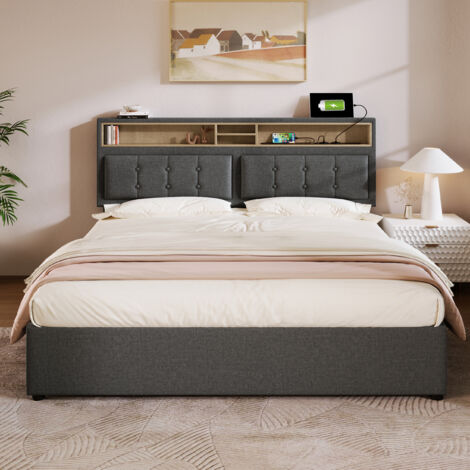Testiera Letto Matrimoniale Con Ripiano - Grigio Sonoma 200cm | Testiera Libreria Moderna Con Contenitore - Foto 10
