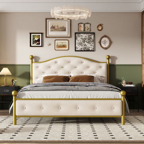 Letto contenitore 140x200cm - letto matrimoniale con rete a doghe in legno + testiera struttura metallica letto adulto in lino - beige