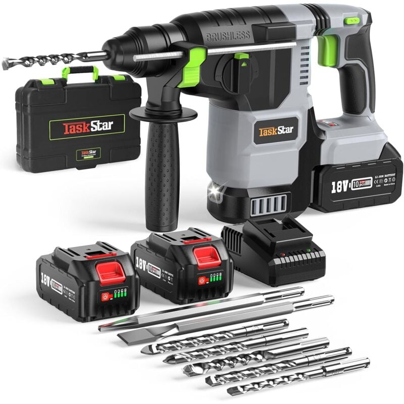 18V Marteau Perforateur Sans Fil, Mode Pulsé/Anti-twist avec 25,0 Ah Batteries, Foret, Perforateur Sans Fil 3 J Solution 4 en 1 pour le Perçage du Béton et le Décapage des Murs, Carrelages