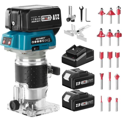 Affleureuse défonceuse sans fil 21V – Moteur Brushless – 2 batteries 4.0Ah – 6 vitesses – Pour bois dur avec 15 fraises 1/4"