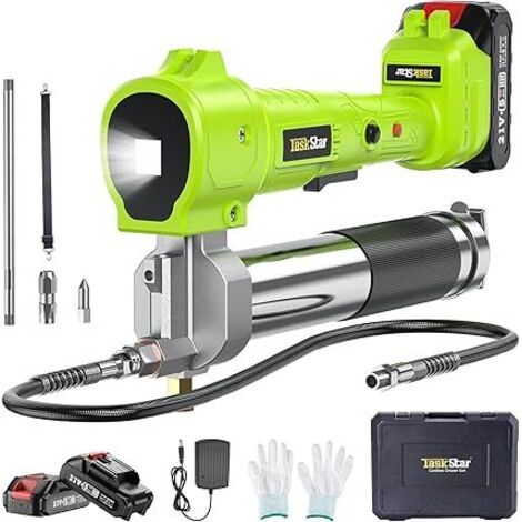 Pompe a Graisse Électrique, Kit de Pistolet à Graisse [Super Efficace] avec 2 Batteries et Chargeur, Tuyau Flexible de 39,4", Pompe à Graisse 10 000 PSI avec Lumière LED Super Brillante, Vert