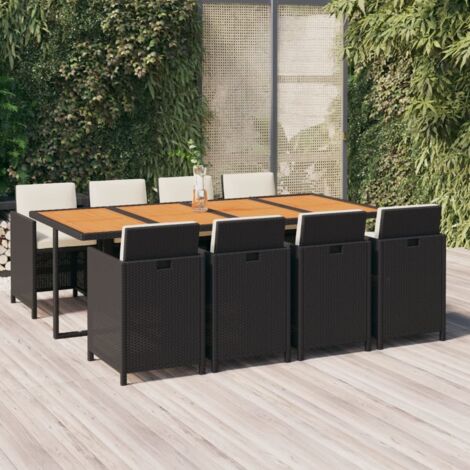 9-tlg. Garten-Essgruppe mit Kissen Poly Rattan Schwarz vidaXL