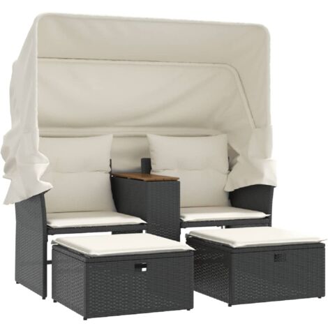 Gartensofa 2-Sitzer mit Dach und Hockern Schwarz Poly Rattan vidaXL