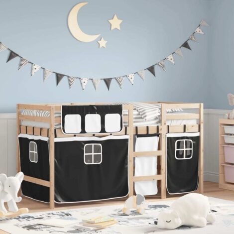 Kinderhochbett mit Vorhängen Weiß Schwarz 90x190 cm Kiefernholz vidaXL753578