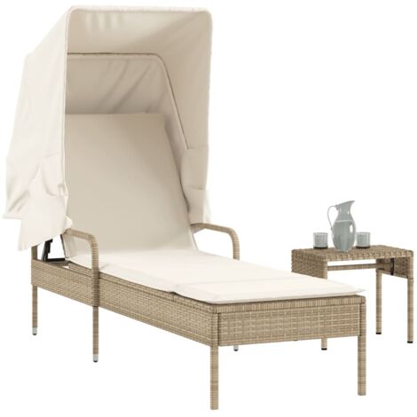 Sonnenliege mit Dach und Tisch Beige Poly Rattan vidaXL