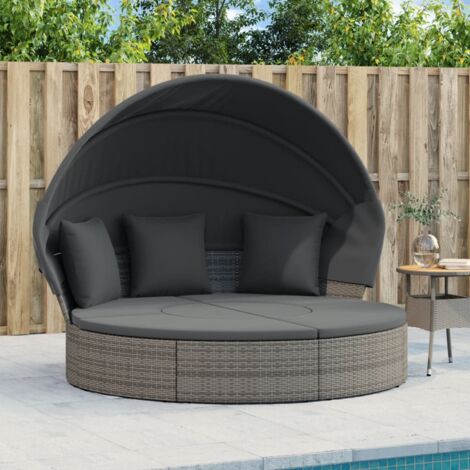 Outdoor-Loungebett mit Dach und Kissen Grau Poly Rattan vidaXL
