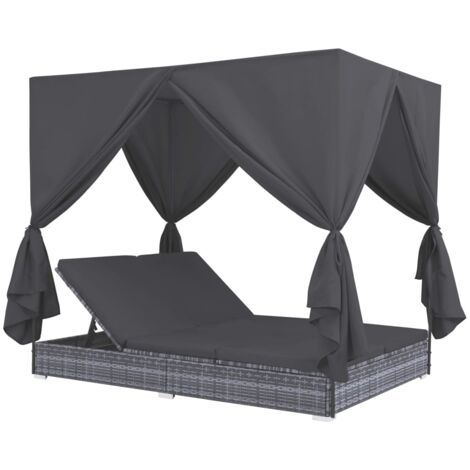 Outdoor-Lounge-Bett mit Vorhängen Poly Rattan Grau vidaXL