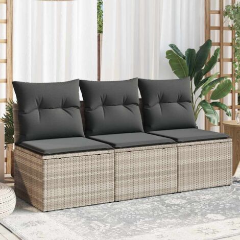 Gartensofa mit Kissen 3-Sitzer Hellgrau Poly Rattan vidaXL