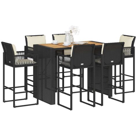 7-tlg. Gartenbar-Set mit Kissen Schwarz Poly Rattan Akazie vidaXL (1/5)