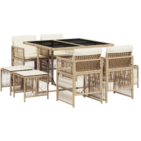 9-tlg. Garten-Essgruppe mit Kissen Beige Poly Rattan vidaXL226548