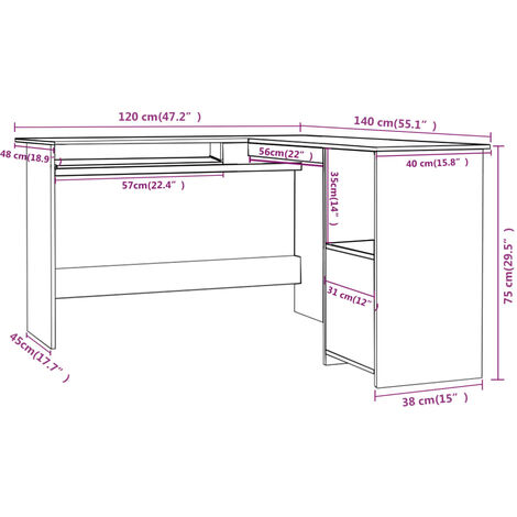 Eckschreibtisch in L-Form Weiß 120x140x75 cm Holzwerkstoff vidaXL