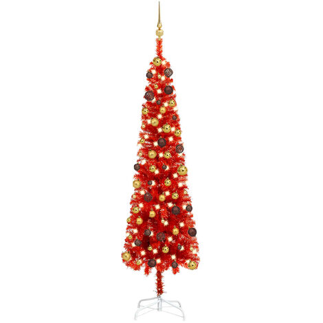 vidaXL Weihnachtsbaum Schlank mit LEDs & Kugeln Rot 210 cm