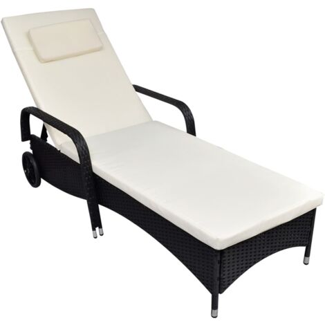 vidaXL Sonnenliege mit Polster & Rollen Poly Rattan Schwarz