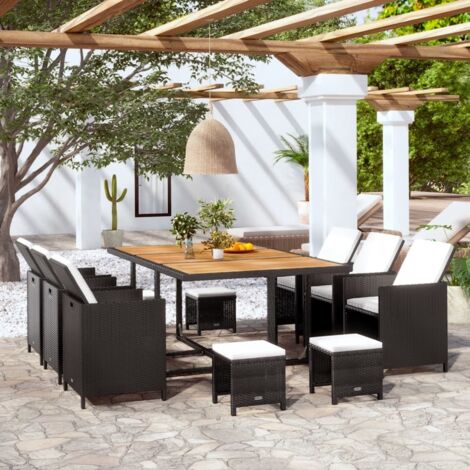 11-tlg. Garten-Essgruppe Poly Rattan Akazienholz Schwarz vidaXL