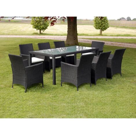 9-tlg. Garten-Essgruppe mit Auflagen Poly Rattan Schwarz vidaXL