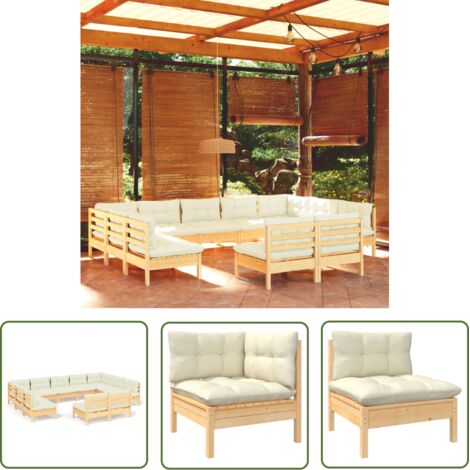 The Living Store 11-tlg. Garten-Lounge-Set mit Creme Kissen Massivholz Kiefer - Garten Lounge Set - Kiefernholzmöbel - Outdoor Möbel - Gartengeräte - Loungemöbel (1/5)