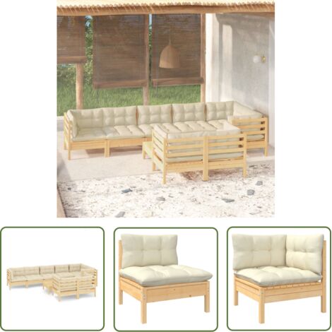The Living Store 9-tlg. Garten-Lounge-Set mit Creme Kissen Massivholz Kiefer - Gartenmöbeln - Lounge Set - Gartenmöbel Set - Kiefernholz - Outdoor Möbel (1/5)