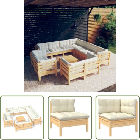 The Living Store 12-tlg. Garten-Lounge-Set mit Creme Kissen Massivholz Kiefer - Garten Lounge Set - Kiefernholzmöbel - Outdoor Möbel - Gartengeräte - Loungemöbel (1/5)