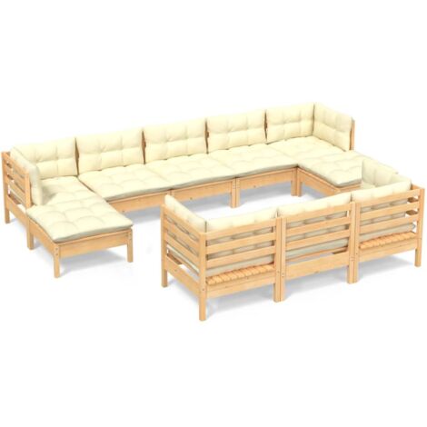 The Living Store 10-tlg. Garten-Lounge-Set mit Creme Kissen Massivholz Kiefer - Gartengeräte - Gartenmöbel - Lounge Set - Esstisch - Outdoor Möbel (1/5)