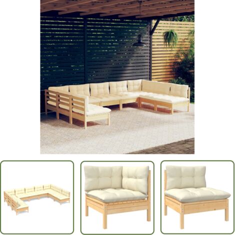 The Living Store 9-tlg. Garten-Lounge-Set mit Creme Kissen Massivholz Kiefer - Gartensessel - Lounge Set - Gartenmöbeln - Outdoor Möbel - Rattan Sessel (1/5)