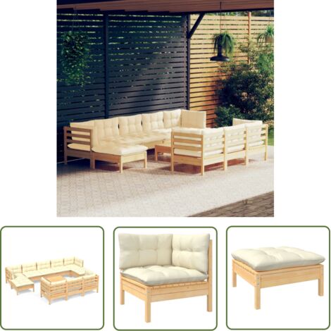 The Living Store 11-tlg. Garten-Lounge-Set mit Creme Kissen Massivholz Kiefer - Gartensessel - Lounge Set - Gartenmöbel - Outdoor Möbel - Kiefernholz (1/5)
