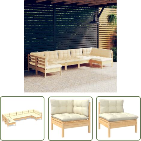 The Living Store 7-tlg. Garten-Lounge-Set mit Creme Kissen Massivholz Kiefer - Garten Lounge Set - Kiefernholzmöbel - Outdoor Möbel - Gartengeräte - Loungemöbel (1/5)