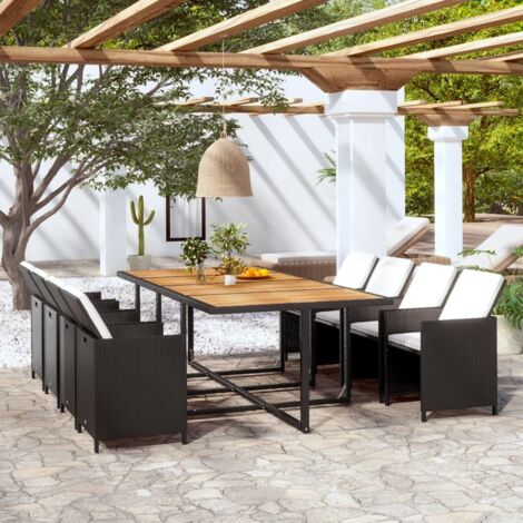 13-tlg. Garten-Essgruppe mit Auflagen Poly Rattan Schwarz vidaXL