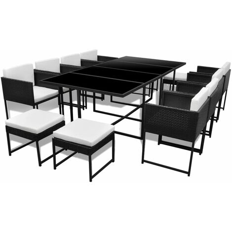 13-tlg. Garten-Essgruppe mit Auflagen Poly Rattan Schwarz vidaXL