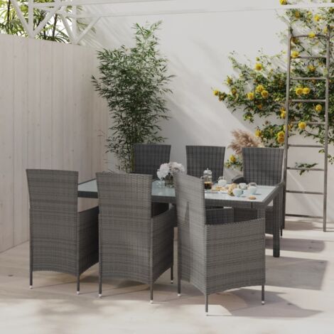 Gartenmöbelset 7-tlg. mit Kissen, Geflecht Grau