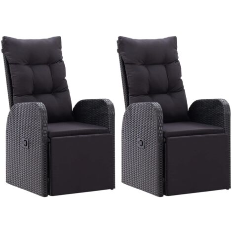 vidaXL Gartensessel mit Kissen 2 Stk. Verstellbar Schwarz Poly Rattan