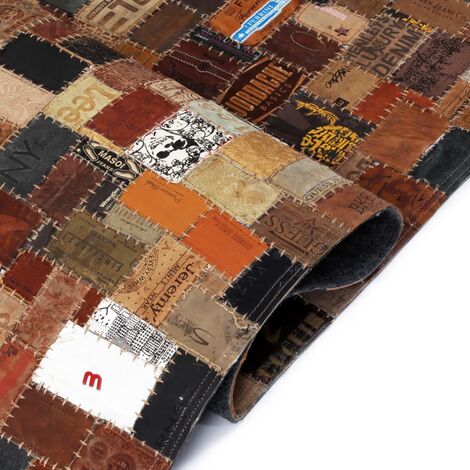 Teppich Echtleder Jeans-Label Patchwork Lederteppich Carpet 80 x 150 cm Braun 