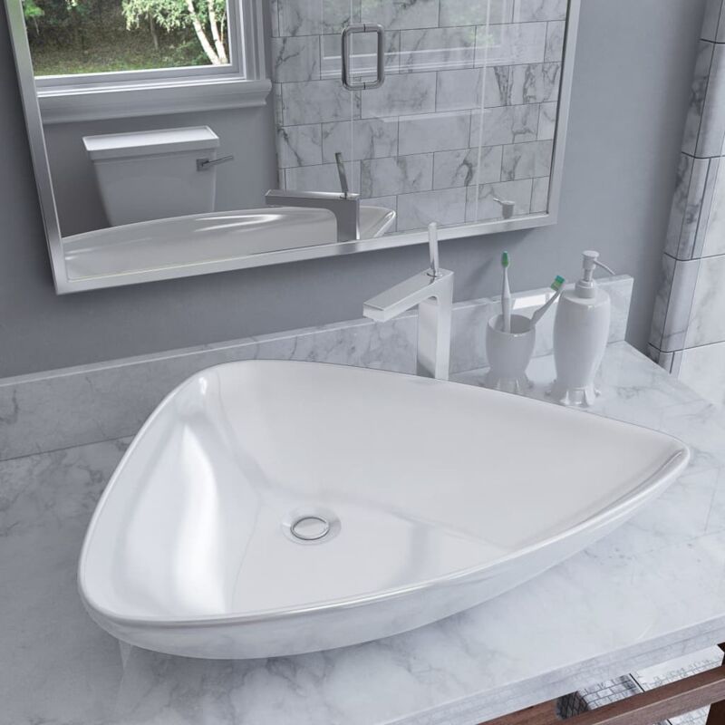 vidaXL Basin Ceramic White Triangle 645x455x115mm Above Counter Wash Sink 