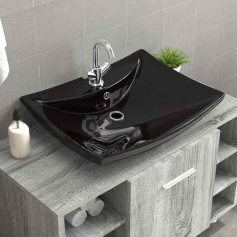 Black Luxury Ceramic Basin Rectangular with Overflow & Faucet Hole vidaXL