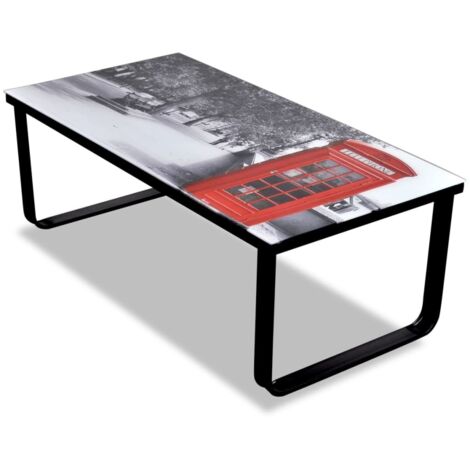 Coffee Table with Telephone Booth Printing Glass Top vidaXL