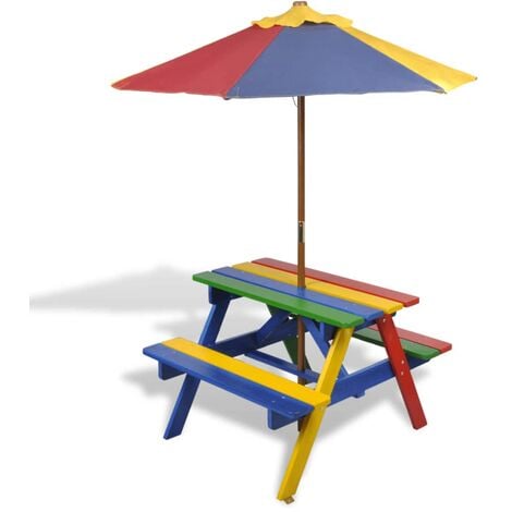 vidaXL Kids' Picnic Table with Benches and Parasol Multicolour Wood - Multicolour