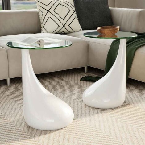 Coffee Table 2 pcs with Round Glass Top High Gloss White vidaXL