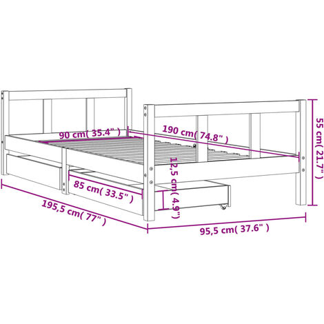 Kids Bed Frame with Drawers White 90x190 cm Solid Wood Pine vidaXL