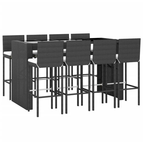 9 Piece Garden Bar Set with Cushions Black Poly Rattan vidaXL