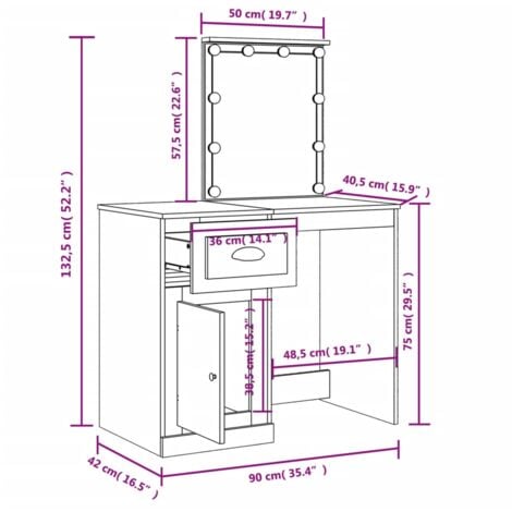 Dressing Table with LED Lights White 90x42x132.5 cm vidaXL