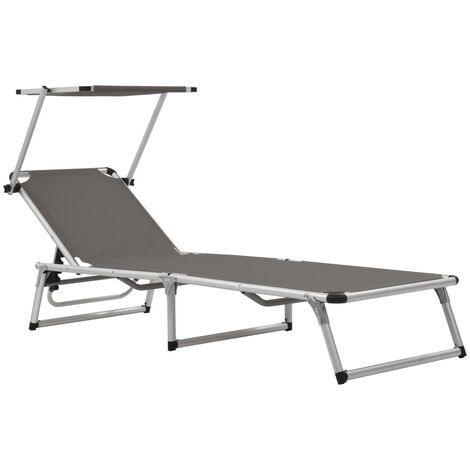 Folding Sun Lounger with Roof Aluminium and Textilene Grey vidaXL