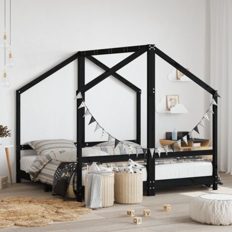 Kids Bed Frame Black 2x(80x160) cm Solid Wood Pine vidaXL (1/5)