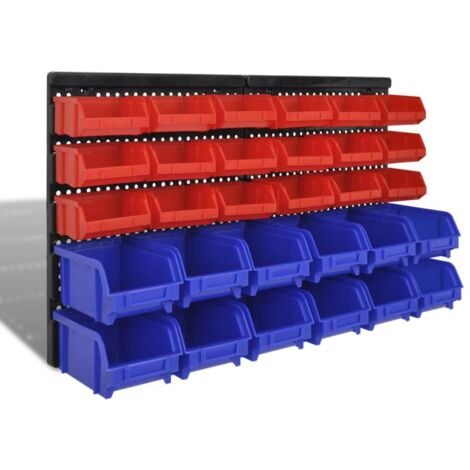 Wall Mounted Garage Plastic Storage Bin Set 30 pcs Blue & Red - Red