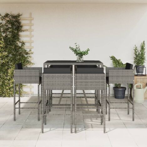 7 Piece Garden Bar Set with Cushions Grey Poly Rattan vidaXL (1/5)