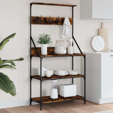 Baker's Rack with Hooks 4-Tier Smoked Oak Engineered Wood vidaXL