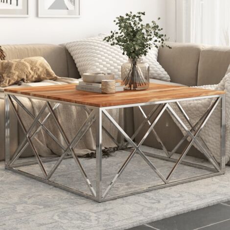Coffee Table Silver Stainless Steel and Solid Acacia Wood vidaXL (1/5)