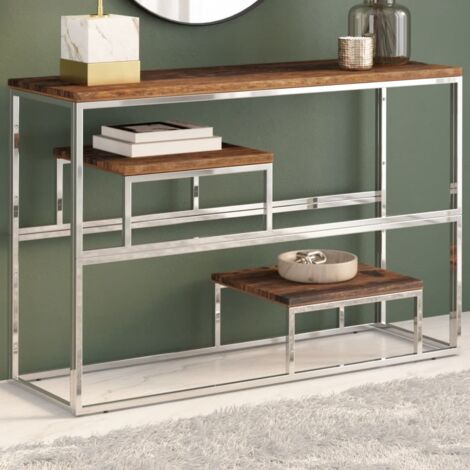 Console Table Silver Stainless Steel and Solid Sleeper Wood vidaXL