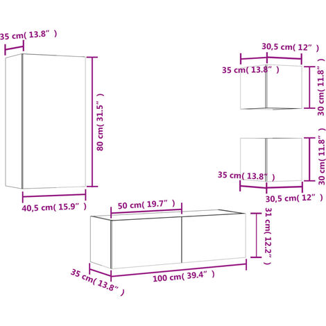 4 Piece TV Wall Cabinets with LED Lights Brown Oak vidaXL