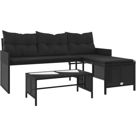 Garden Sofa with Table and Cushions L-Shaped Black Poly Rattan vidaXL