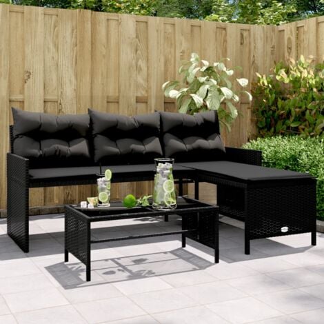 Garden Sofa with Table and Cushions L-Shaped Black Poly Rattan vidaXL